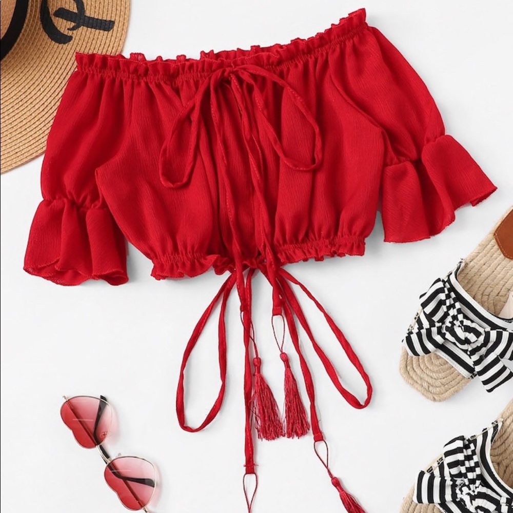 NWOT Red Off Shoulder Tassel Crop Top